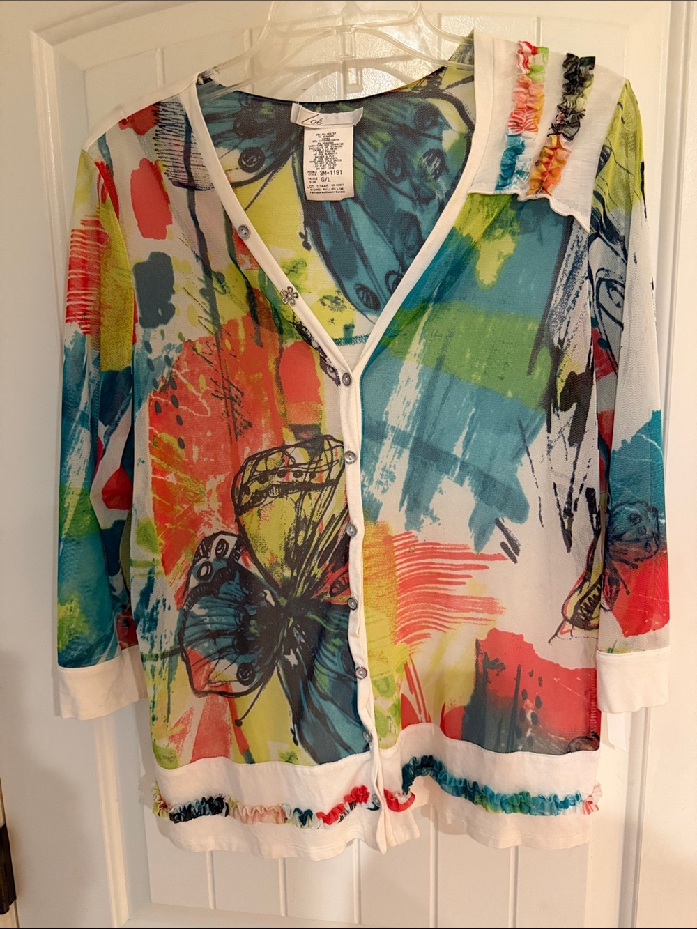 Vintage Mesh Knit Colorful Butterfly Print Button-Front Cardigan